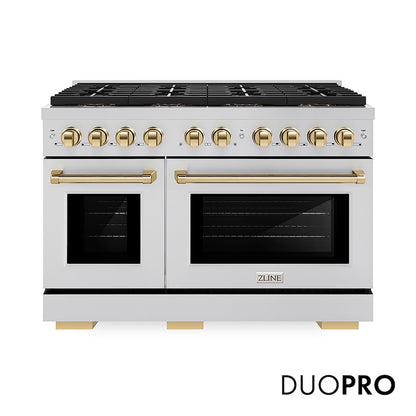 ZLINE Autograph Edition 48 in. 6.7 cu. ft. Paramount Gas Range with 8 Burner DuoPro™ Cooktop and Dual Ovens in Stainless Steel and Polished Gold Accents (PSGRZ-48-G) front, with DuoPro™ logo.