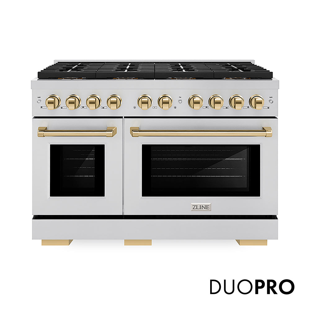 ZLINE Autograph Edition 48 in. 6.7 cu. ft. Paramount Gas Range with 8 Burner DuoPro™ Cooktop and Dual Ovens in Stainless Steel and Polished Gold Accents, Open Box-Good Condition