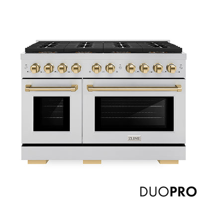 ZLINE Autograph Edition 48 in. 6.7 cu. ft. Paramount Gas Range with 8 Burner DuoPro™ Cooktop and Dual Ovens in Stainless Steel and Polished Gold Accents, Open Box-Good Condition
