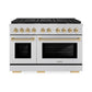 ZLINE Autograph Edition 48 in. 6.7 cu. ft. Paramount Gas Range with 8 Burner DuoPro™ Cooktop and Dual Ovens in Stainless Steel and Polished Gold Accents (PSGRZ-48-G) front.