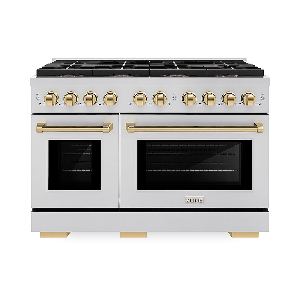 ZLINE Autograph Edition 48 in. 6.7 cu. ft. Paramount Gas Range with 8 Burner DuoPro™ Cooktop and Dual Ovens in Stainless Steel and Polished Gold Accents (PSGRZ-48-G) front.