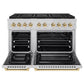 ZLINE Autograph Edition 48 in. 6.7 cu. ft. Paramount Gas Range with 8 Burner DuoPro™ Cooktop and Dual Ovens in Stainless Steel and Polished Gold Accents (PSGRZ-48-G) front, oven open.
