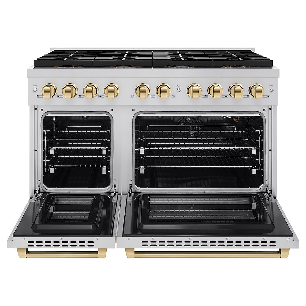 ZLINE Autograph Edition 48 in. 6.7 cu. ft. Paramount Gas Range with 8 Burner DuoPro™ Cooktop and Dual Ovens in Stainless Steel and Polished Gold Accents (PSGRZ-48-G) front, oven open.