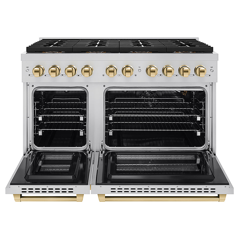 ZLINE Autograph Edition 48 in. 6.7 cu. ft. Paramount Gas Range with 8 Burner DuoPro™ Cooktop and Dual Ovens in Stainless Steel and Polished Gold Accents, Open Box-Good Condition