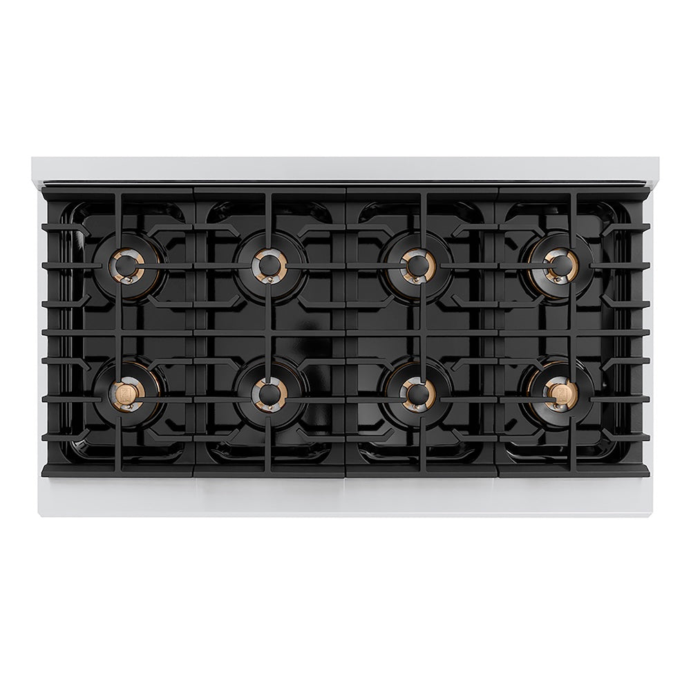 ZLINE Autograph Edition 48 in. 6.7 cu. ft. Paramount Gas Range with 8 Burner DuoPro™ Cooktop and Dual Ovens in Stainless Steel and Polished Gold Accents (PSGRZ-48-G) top-down, above cooktop.