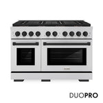 ZLINE Autograph Edition 48 in. 6.7 cu. ft. Paramount Gas Range with 8 Burner DuoPro™ Cooktop and Dual Ovens in Stainless Steel and Matte Black Accents (PSGRZ-48-MB) front, with DuoPro™ logo.