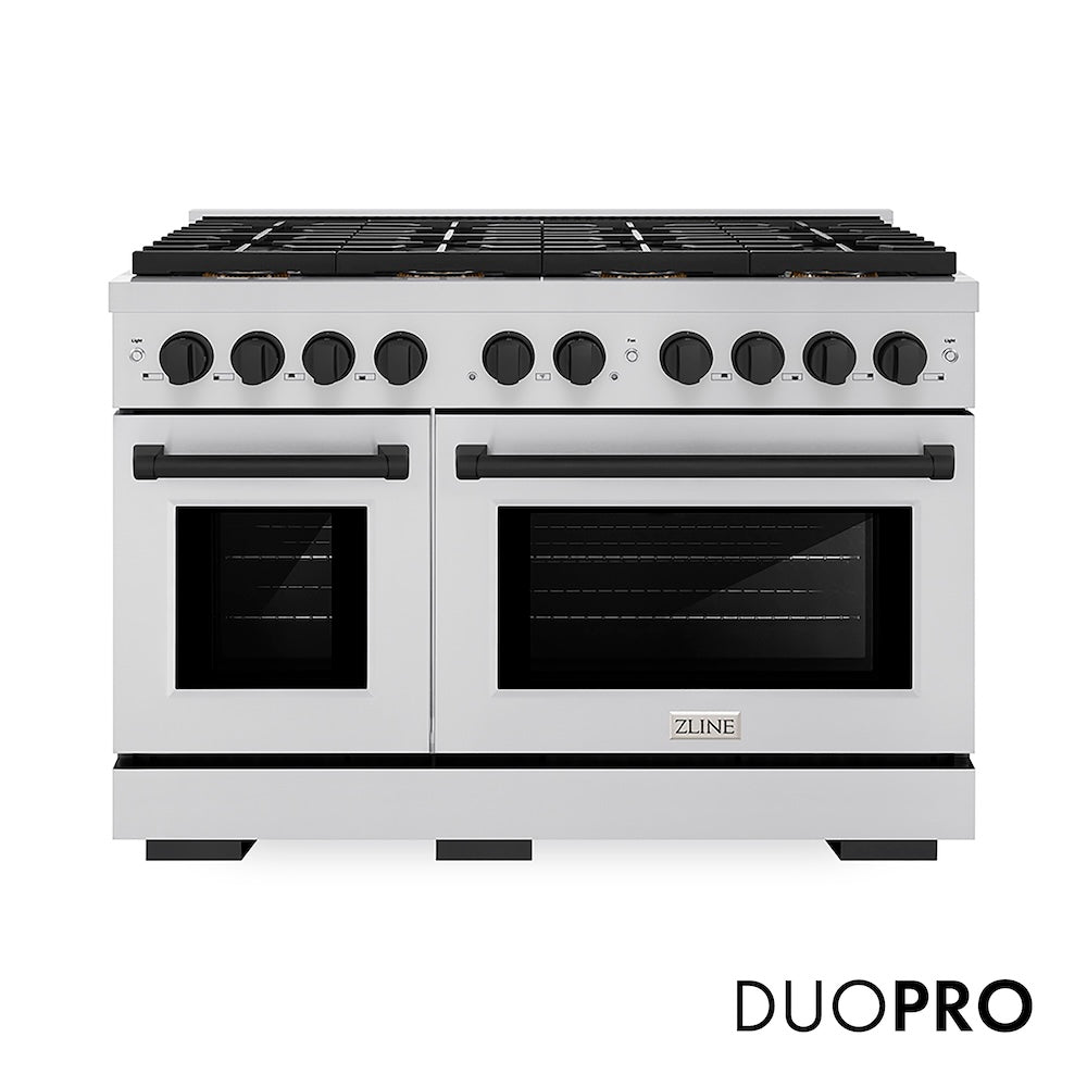 ZLINE Autograph Edition 48 in. 6.7 cu. ft. Paramount Gas Range with 8 Burner DuoPro™ Cooktop and Dual Ovens in Stainless Steel and Matte Black Accents (PSGRZ-48-MB) front, with DuoPro™ logo.
