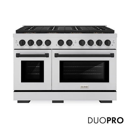 ZLINE Autograph Edition 48 in. 6.7 cu. ft. Paramount Gas Range with 8 Burner DuoPro™ Cooktop and Dual Ovens in Stainless Steel and Matte Black Accents (PSGRZ-48-MB) front, with DuoPro™ logo.