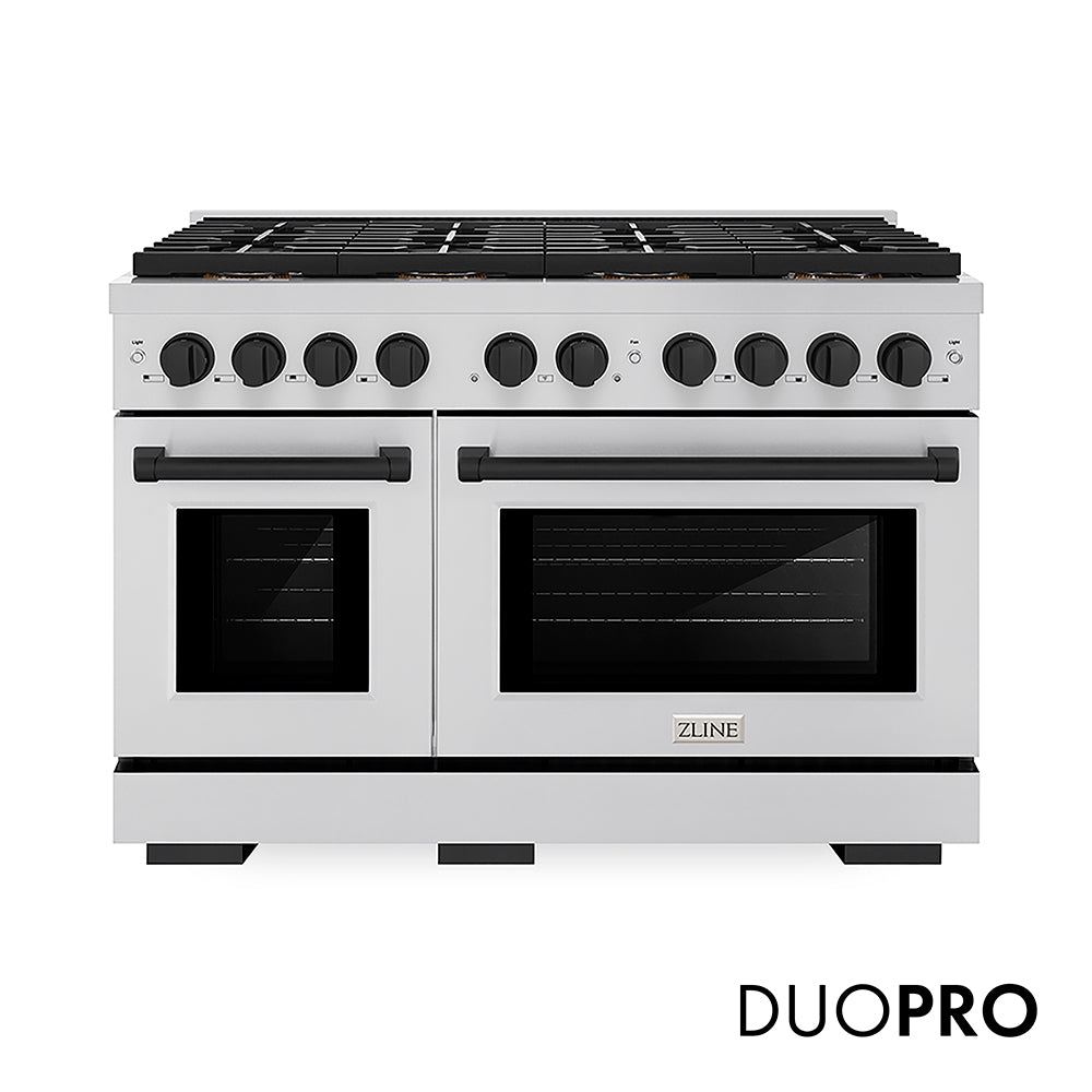 ZLINE Autograph Edition 48 in. 6.7 cu. ft. Paramount Gas Range with 8 Burner DuoPro™ Cooktop and Dual Ovens in Stainless Steel and Matte Black Accents, Open Box-Good Condition
