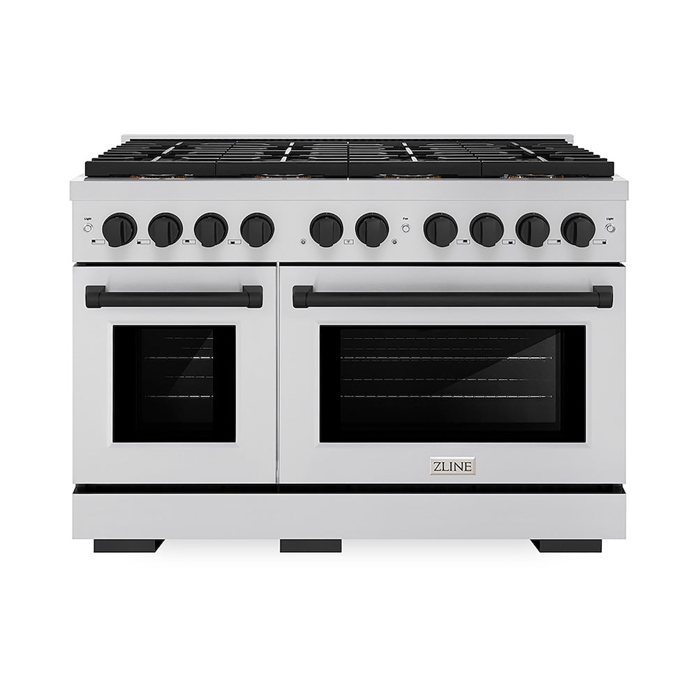 ZLINE Autograph Edition 48 in. 6.7 cu. ft. Paramount Gas Range with 8 Burner DuoPro™ Cooktop and Dual Ovens in Stainless Steel and Matte Black Accents (PSGRZ-48-MB) front.