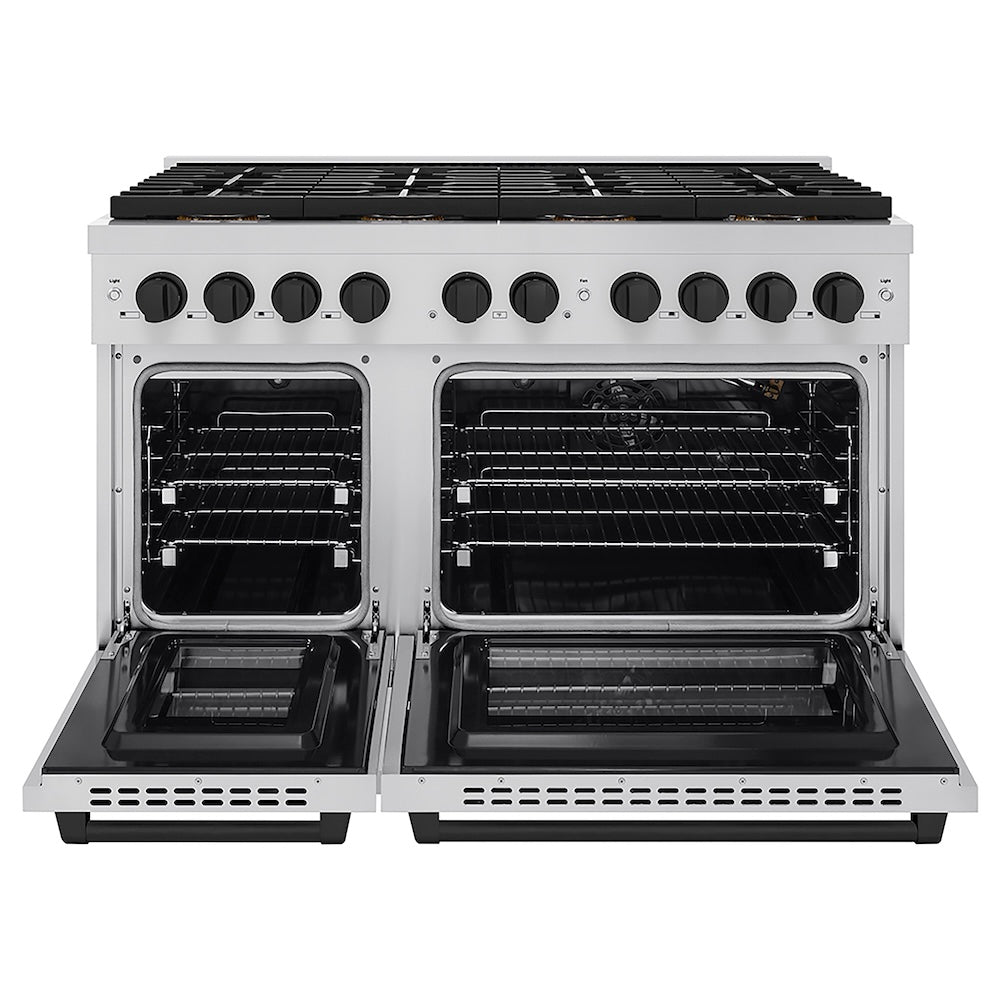 ZLINE Autograph Edition 48 in. 6.7 cu. ft. Paramount Gas Range with 8 Burner DuoPro™ Cooktop and Dual Ovens in Stainless Steel and Matte Black Accents (PSGRZ-48-MB) front, oven open.
