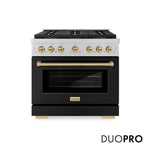 ZLINE Autograph Edition 36 in. 5.2 cu. ft. Paramount Gas Range with 6 Burner DuoPro™ Cooktop and Convection Gas Oven with Black Matte Door and Champagne Bronze Accents (PSGRZ-BLM-36-CB) front, with DuoPro™ logo.