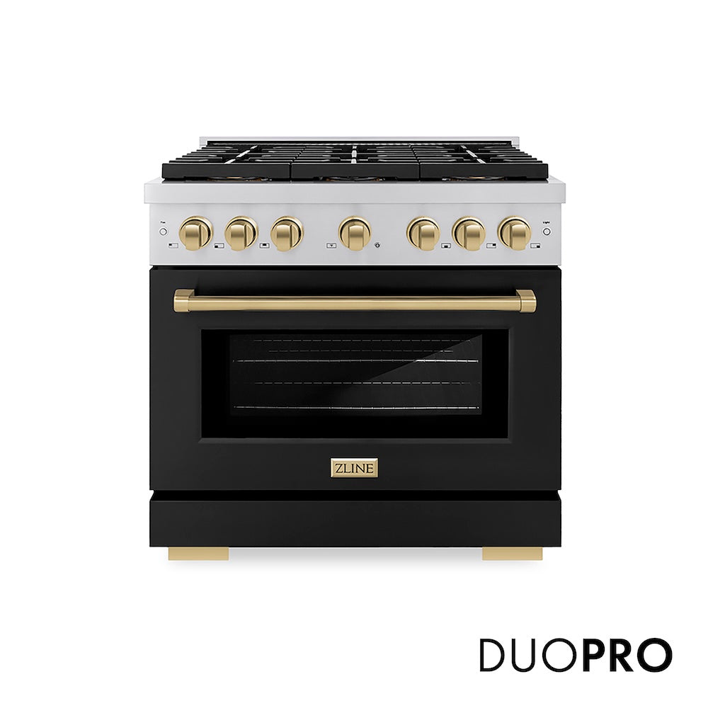 ZLINE Autograph Edition 36 in. 5.2 cu. ft. Paramount Gas Range with 6 Burner DuoPro™ Cooktop and Convection Gas Oven with Black Matte Door and Champagne Bronze Accents (PSGRZ-BLM-36-CB) front, with DuoPro™ logo.