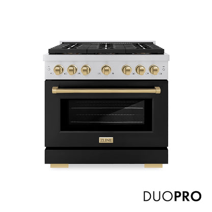 ZLINE Autograph Edition 36 in. 5.2 cu. ft. Paramount Gas Range with 6 Burner DuoPro™ Cooktop and Convection Gas Oven with Black Matte Door and Champagne Bronze Accents (PSGRZ-BLM-36-CB) front, with DuoPro™ logo.