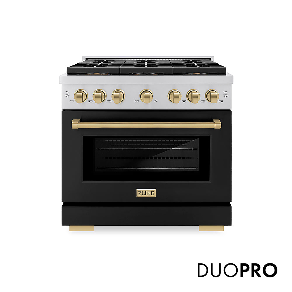 ZLINE Autograph Edition 36 in. 5.2 cu. ft. Paramount Gas Range with 6 Burner DuoPro™ Cooktop and Convection Gas Oven with Black Matte Door and Champagne Bronze Accents, Open Box-Good Condition