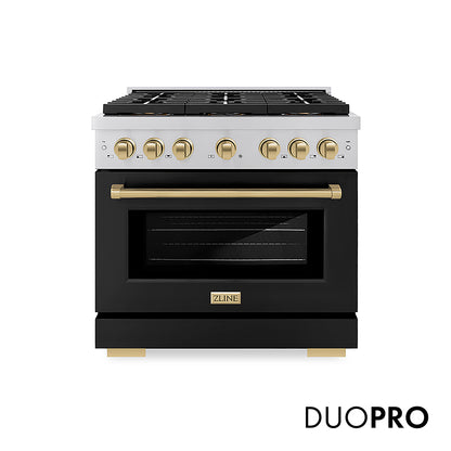 ZLINE Autograph Edition 36 in. 5.2 cu. ft. Paramount Gas Range with 6 Burner DuoPro™ Cooktop and Convection Gas Oven with Black Matte Door and Champagne Bronze Accents, Open Box-Good Condition