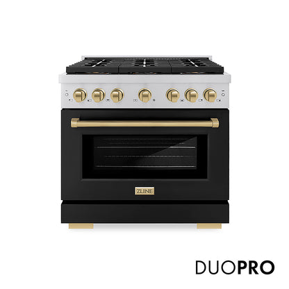 ZLINE Autograph Edition 36 in. 5.2 cu. ft. Paramount Gas Range with 6 Burner DuoPro™ Cooktop and Convection Gas Oven with Black Matte Door and Champagne Bronze Accents, Open Box-Great Condition