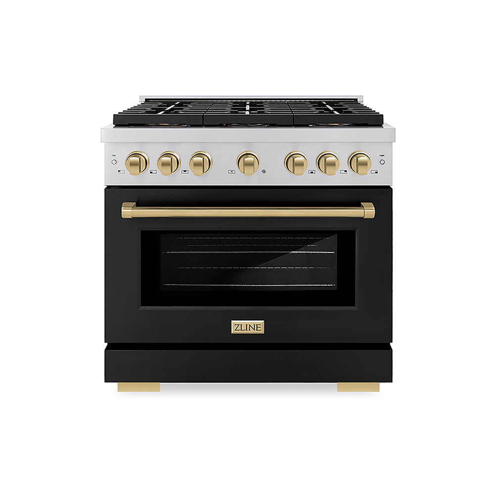 ZLINE Autograph Edition 36 in. 5.2 cu. ft. Paramount Gas Range with 6 Burner DuoPro™ Cooktop and Convection Gas Oven with Black Matte Door and Champagne Bronze Accents, Open Box-Good Condition