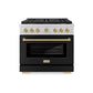 ZLINE Autograph Edition 36 in. 5.2 cu. ft. Paramount Gas Range with 6 Burner DuoPro™ Cooktop and Convection Gas Oven with Black Matte Door and Champagne Bronze Accents (PSGRZ-BLM-36-CB) front.