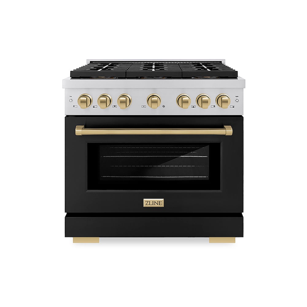 ZLINE Autograph Edition 36 in. 5.2 cu. ft. Paramount Gas Range with 6 Burner DuoPro™ Cooktop and Convection Gas Oven with Black Matte Door and Champagne Bronze Accents (PSGRZ-BLM-36-CB) front.