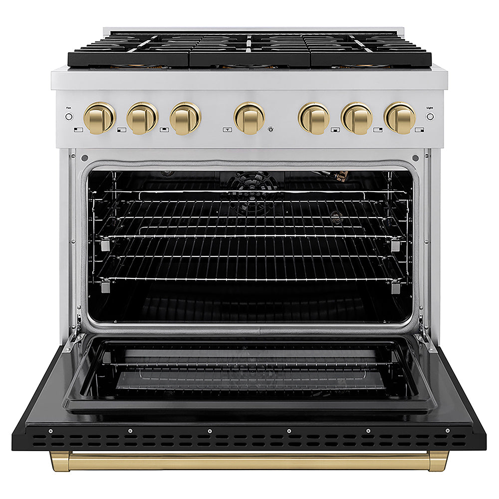 ZLINE Autograph Edition 36 in. 5.2 cu. ft. Paramount Gas Range with 6 Burner DuoPro™ Cooktop and Convection Gas Oven with Black Matte Door and Champagne Bronze Accents, Open Box-Good Condition