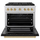ZLINE Autograph Edition 36 in. 5.2 cu. ft. Paramount Gas Range with 6 Burner DuoPro™ Cooktop and Convection Gas Oven with Black Matte Door and Champagne Bronze Accents (PSGRZ-BLM-36-CB) front, oven open.