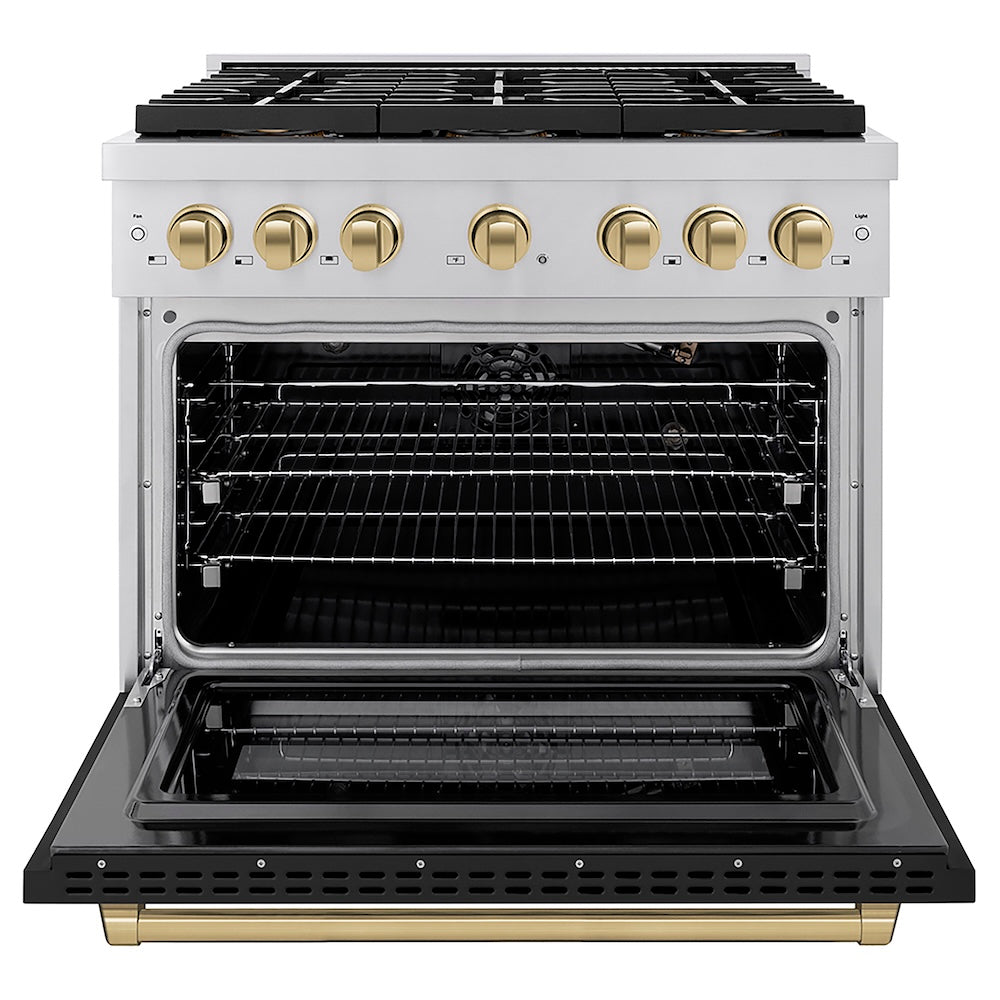 ZLINE Autograph Edition 36 in. 5.2 cu. ft. Paramount Gas Range with 6 Burner DuoPro™ Cooktop and Convection Gas Oven with Black Matte Door and Champagne Bronze Accents (PSGRZ-BLM-36-CB) front, oven open.