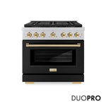 ZLINE Autograph Edition 36 in. 5.2 cu. ft. Paramount Gas Range with 6 Burner DuoPro™ Cooktop and Convection Gas Oven with Black Matte Door and Polished Gold Accents (PSGRZ-BLM-36-G) front, with DuoPro™ logo.