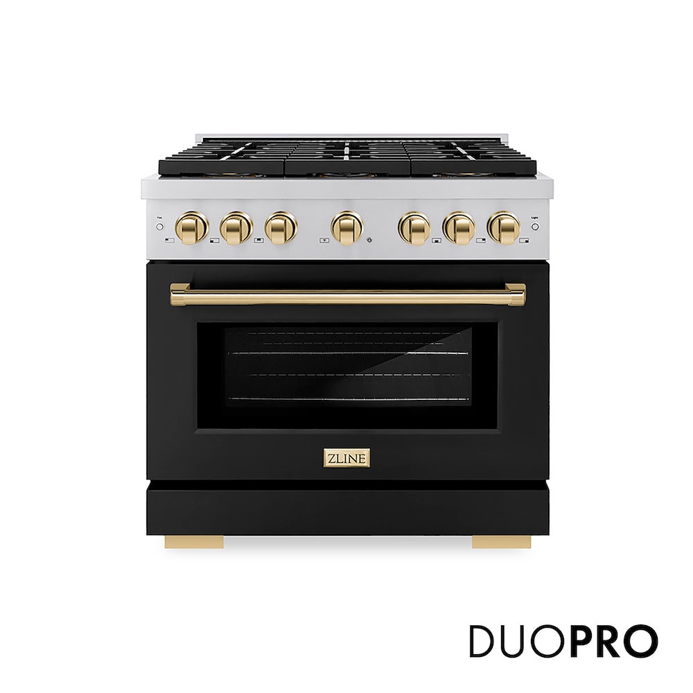 ZLINE Autograph Edition 36 in. 5.2 cu. ft. Paramount Gas Range with 6 Burner DuoPro™ Cooktop and Convection Gas Oven with Black Matte Door and Polished Gold Accents (PSGRZ-BLM-36-G) front, with DuoPro™ logo.
