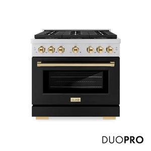 ZLINE Autograph Edition 36 in. 5.2 cu. ft. Paramount Gas Range with 6 Burner DuoPro™ Cooktop and Convection Gas Oven with Black Matte Door and Polished Gold Accents (PSGRZ-BLM-36-G) main image.