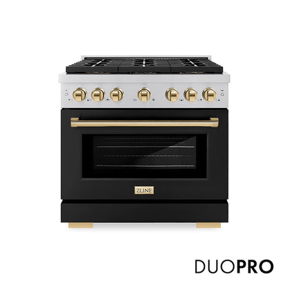 ZLINE Autograph Edition 36 in. 5.2 cu. ft. Paramount Gas Range with 6 Burner DuoPro™ Cooktop and Convection Gas Oven with Black Matte Door and Polished Gold Accents (PSGRZ-BLM-36-G) front, with DuoPro™ logo.