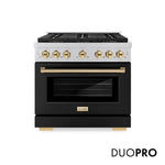 ZLINE Autograph Edition 36 in. 5.2 cu. ft. Paramount Gas Range with 6 Burner DuoPro™ Cooktop and Convection Gas Oven with Black Matte Door and Polished Gold Accents, Open Box-Good Condition