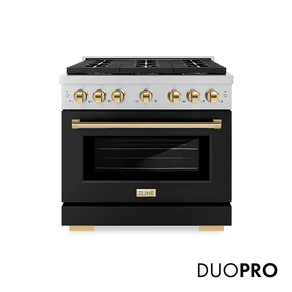 ZLINE Autograph Edition 36 in. 5.2 cu. ft. Paramount Gas Range with 6 Burner DuoPro™ Cooktop and Convection Gas Oven with Black Matte Door and Polished Gold Accents, Open Box-Good Condition