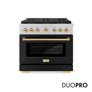 ZLINE Autograph Edition 36 in. 5.2 cu. ft. Paramount Gas Range with 6 Burner DuoPro™ Cooktop and Convection Gas Oven with Black Matte Door and Polished Gold Accents, Open Box-Good Condition main image.