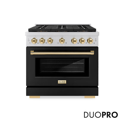 ZLINE Autograph Edition 36 in. 5.2 cu. ft. Paramount Gas Range with 6 Burner DuoPro™ Cooktop and Convection Gas Oven with Black Matte Door and Polished Gold Accents, Open Box-Good Condition