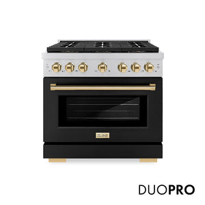 ZLINE Autograph Edition 36 in. 5.2 cu. ft. Paramount Gas Range with 6 Burner DuoPro™ Cooktop and Convection Gas Oven with Black Matte Door and Polished Gold Accents, Open Box-Great Condition main image.