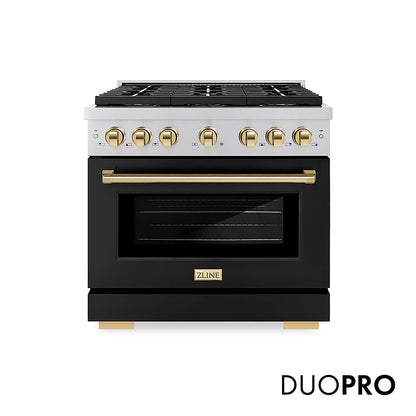 ZLINE Autograph Edition 36 in. 5.2 cu. ft. Paramount Gas Range with 6 Burner DuoPro™ Cooktop and Convection Gas Oven with Black Matte Door and Polished Gold Accents, Open Box-Great Condition