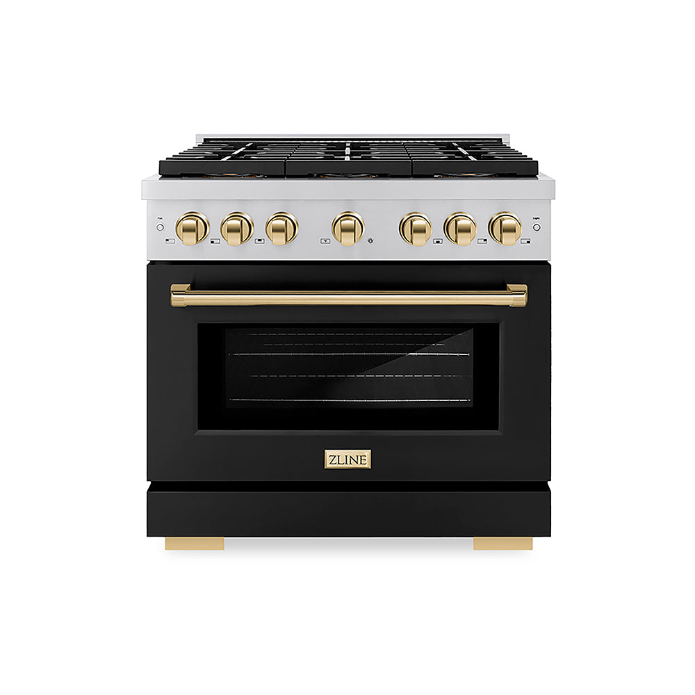 ZLINE Autograph Edition 36 in. 5.2 cu. ft. Paramount Gas Range with 6 Burner DuoPro™ Cooktop and Convection Gas Oven with Black Matte Door and Polished Gold Accents, Open Box-Good Condition