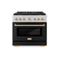 ZLINE Autograph Edition 36 in. 5.2 cu. ft. Paramount Gas Range with 6 Burner DuoPro™ Cooktop and Convection Gas Oven with Black Matte Door and Polished Gold Accents (PSGRZ-BLM-36-G) front.