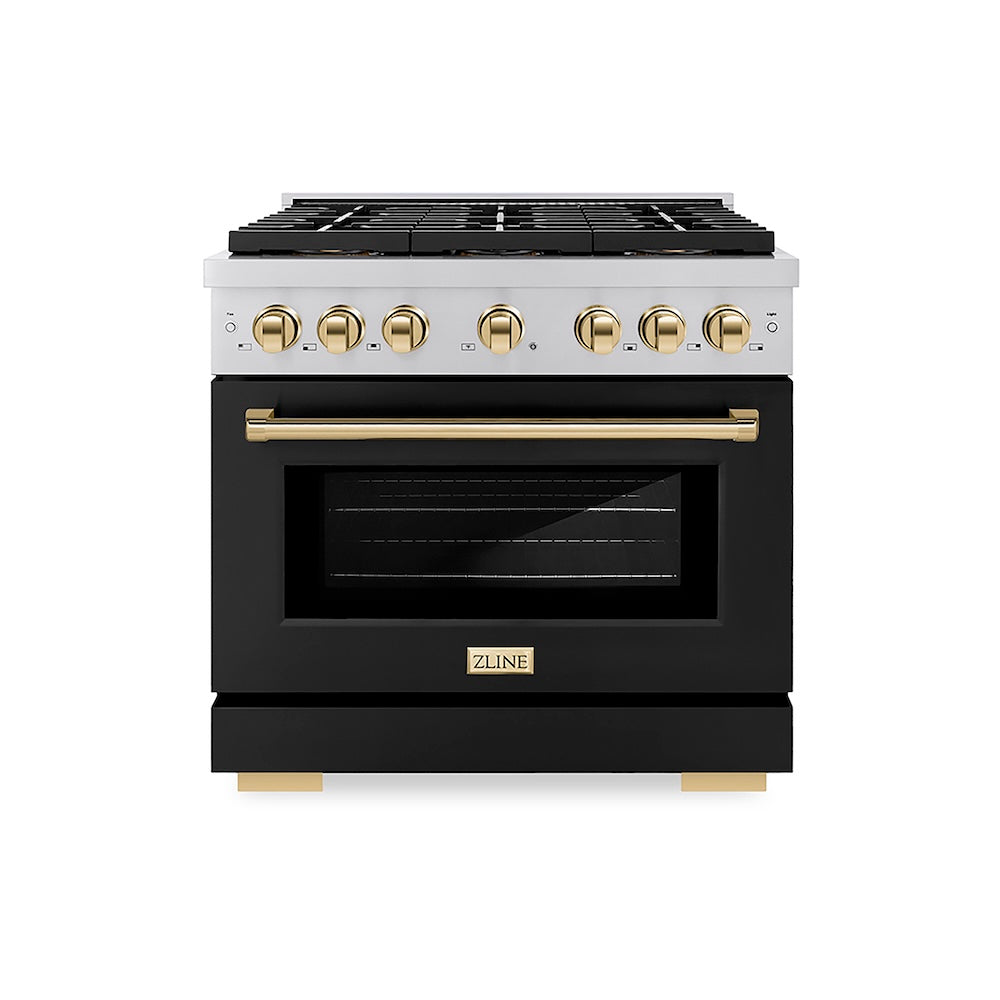 ZLINE Autograph Edition 36 in. 5.2 cu. ft. Paramount Gas Range with 6 Burner DuoPro™ Cooktop and Convection Gas Oven with Black Matte Door and Polished Gold Accents (PSGRZ-BLM-36-G) front.
