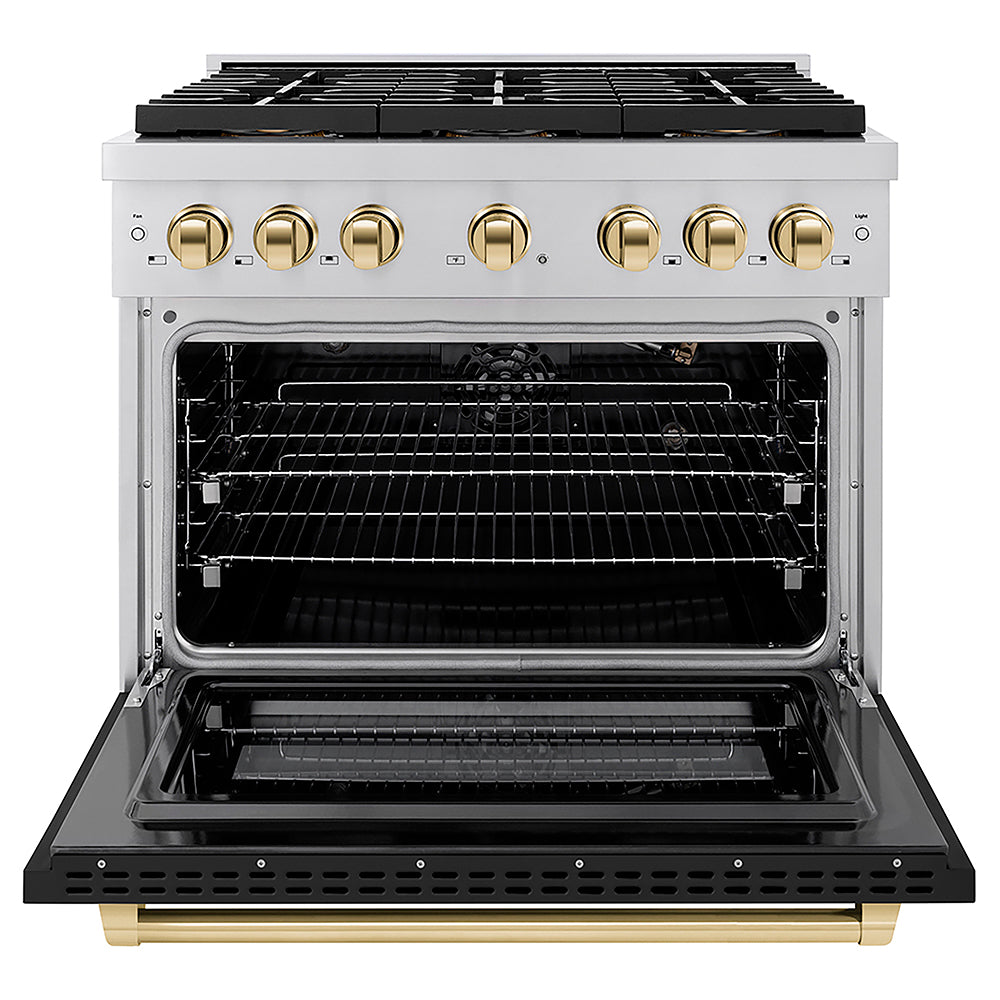 ZLINE Autograph Edition 36 in. 5.2 cu. ft. Paramount Gas Range with 6 Burner DuoPro™ Cooktop and Convection Gas Oven with Black Matte Door and Polished Gold Accents, Open Box-Good Condition