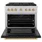 ZLINE Autograph Edition 36 in. 5.2 cu. ft. Paramount Gas Range with 6 Burner DuoPro™ Cooktop and Convection Gas Oven with Black Matte Door and Polished Gold Accents (PSGRZ-BLM-36-G) front, oven open.