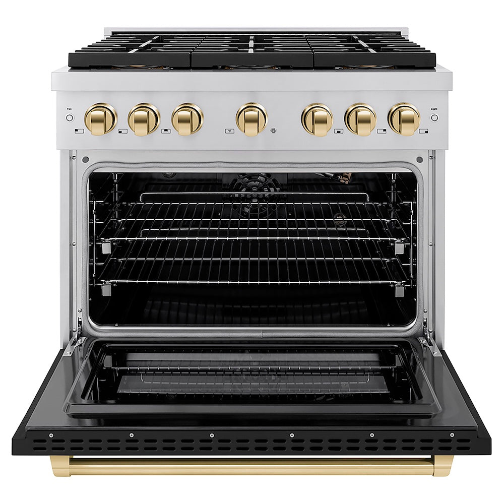 ZLINE Autograph Edition 36 in. 5.2 cu. ft. Paramount Gas Range with 6 Burner DuoPro™ Cooktop and Convection Gas Oven with Black Matte Door and Polished Gold Accents (PSGRZ-BLM-36-G) front, oven open.