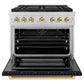 ZLINE Autograph Edition 36 in. 5.2 cu. ft. Paramount Gas Range with 6 Burner DuoPro™ Cooktop and Convection Gas Oven with Black Matte Door and Polished Gold Accents, Open Box-Great Condition