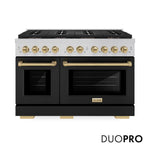 ZLINE Autograph Edition 48 in. 6.7 cu. ft. Paramount Gas Range with 8 Burner DuoPro™ Cooktop and Dual Ovens with Black Matte Doors and Champagne Bronze Accents (PSGRZ-BLM-48-CB) front, with DuoPro™ logo.
