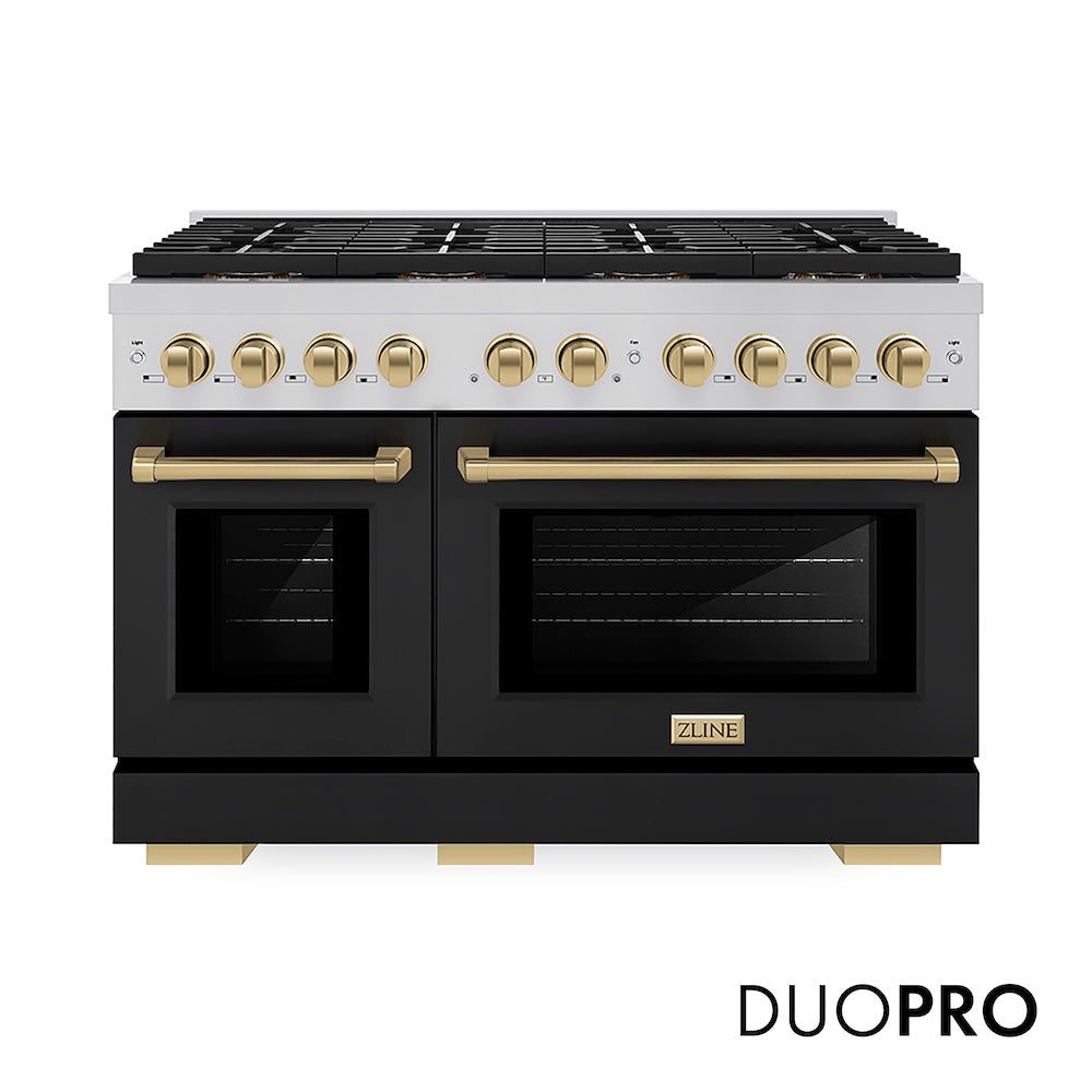 ZLINE Autograph Edition 48 in. 6.7 cu. ft. Paramount Gas Range with 8 Burner DuoPro™ Cooktop and Dual Ovens with Black Matte Doors and Champagne Bronze Accents (PSGRZ-BLM-48-CB) front, with DuoPro™ logo.