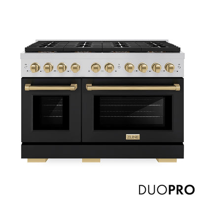 ZLINE Autograph Edition 48 in. 6.7 cu. ft. Paramount Gas Range with 8 Burner DuoPro™ Cooktop and Dual Ovens with Black Matte Doors and Champagne Bronze Accents (PSGRZ-BLM-48-CB) front, with DuoPro™ logo.