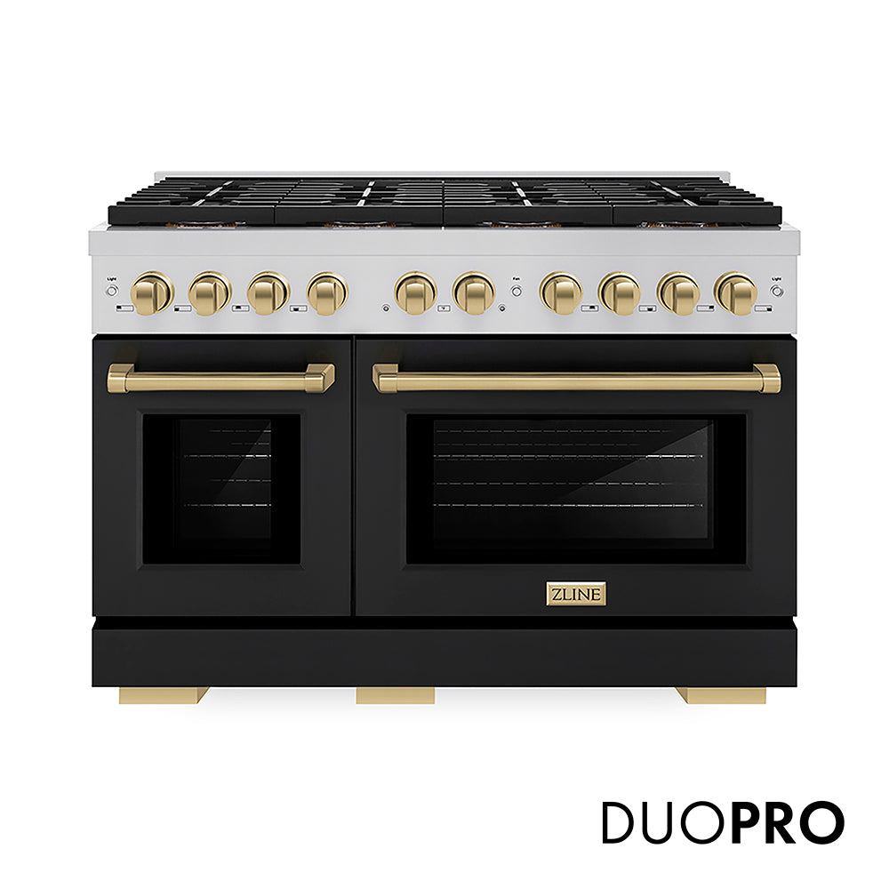 ZLINE Autograph Edition 48 in. 6.7 cu. ft. Paramount Gas Range with 8 Burner DuoPro™ Cooktop and Dual Ovens with Black Matte Doors and Champagne Bronze Accents, Open Box-Good Condition