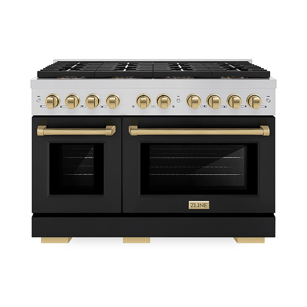 ZLINE Autograph Edition 48 in. 6.7 cu. ft. Paramount Gas Range with 8 Burner DuoPro™ Cooktop and Dual Ovens with Black Matte Doors and Champagne Bronze Accents, Open Box-Good Condition