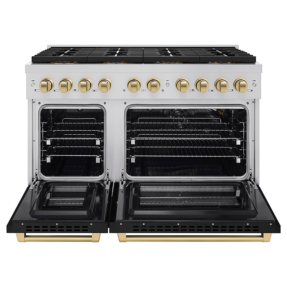 ZLINE Autograph Edition 48 in. 6.7 cu. ft. Paramount Gas Range with 8 Burner DuoPro™ Cooktop and Dual Ovens with Black Matte Doors and Champagne Bronze Accents, Open Box-Good Condition